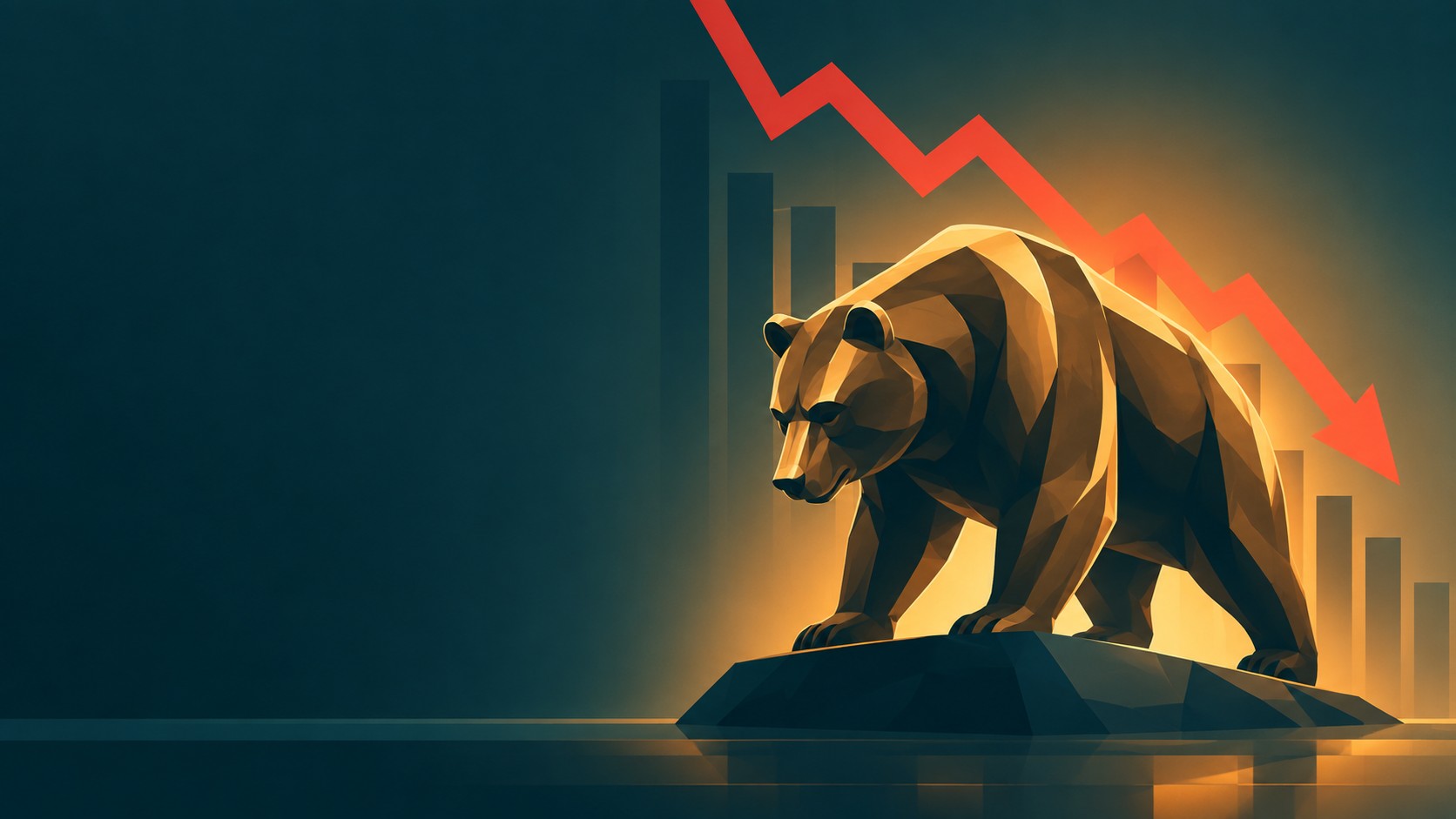 Bronze bear statue with a descending red chart behind it