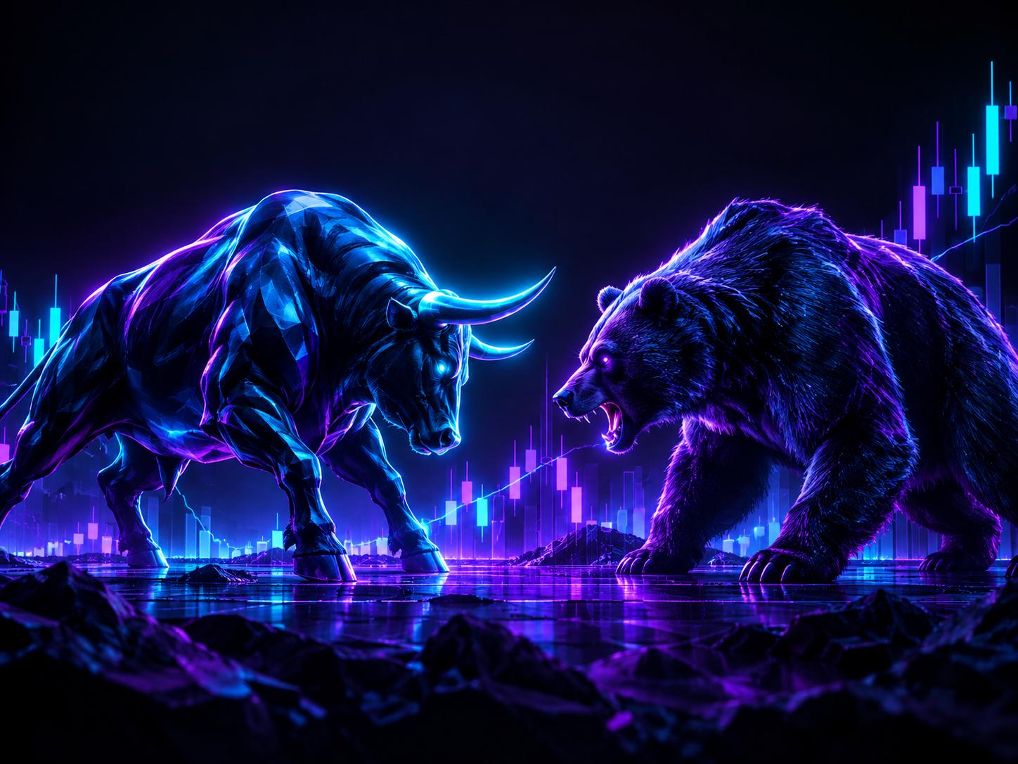 Bull and a bear facing each other on a chart landscape