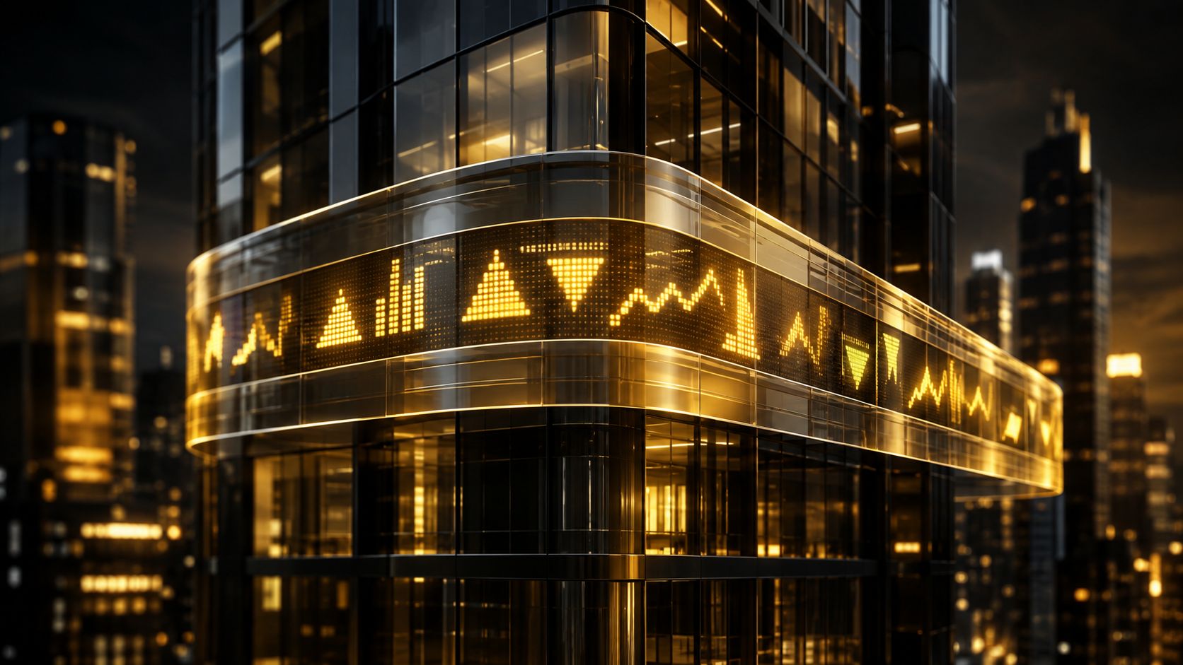 Glowing led stock ticker tape with abstract symbols scrolling across a building