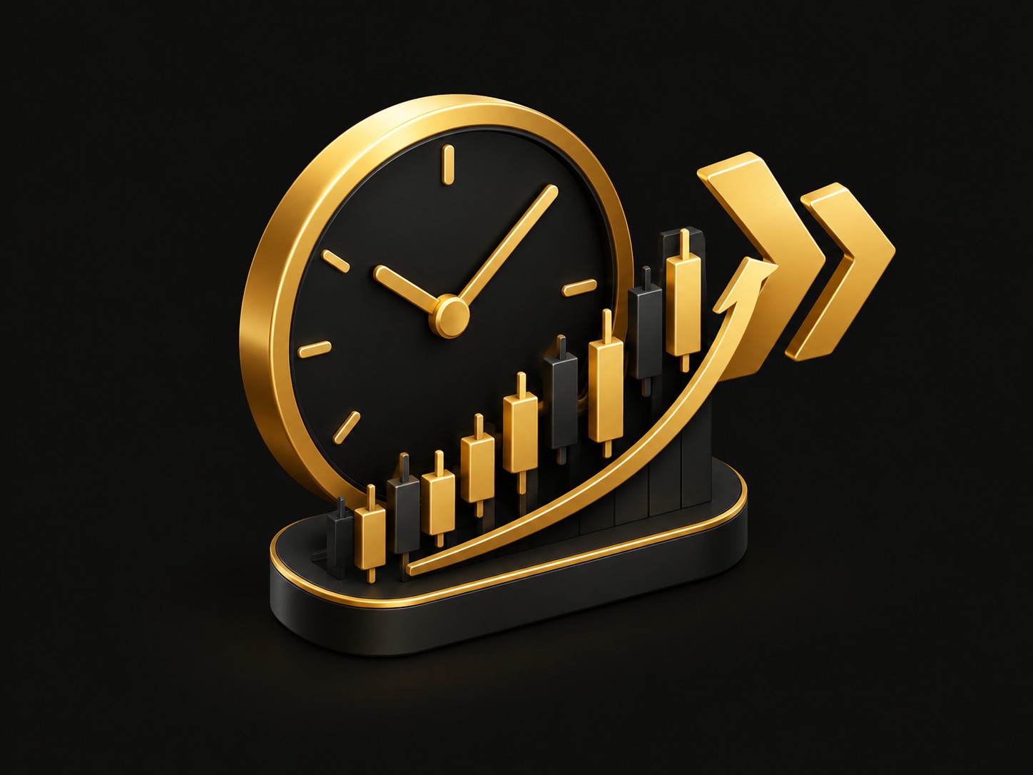 Clock merged with a crypto chart and forward arrows